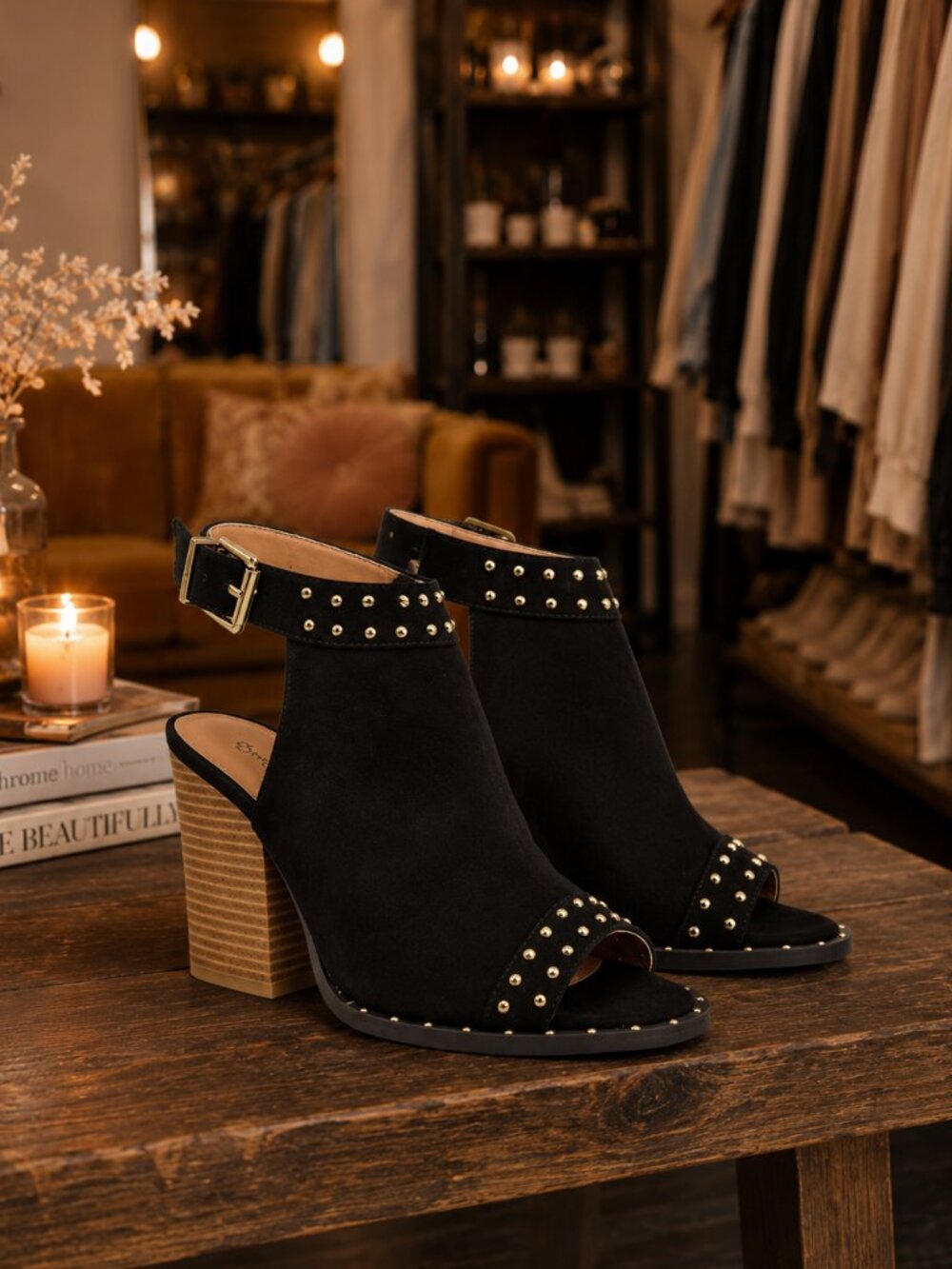 Gold Studded Black Slingback Peep Toe Block Heels